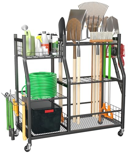 Ultrawall Garden Tool Organizer, Yard Tool Storage Rack for Garage Organization with Lockable Wheels, Garden Tool Stand for Rake, Brooms, Indoor & Outdoor Use
