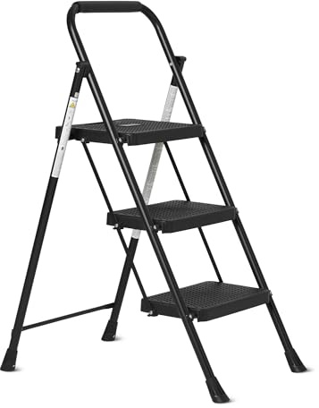 Amazon Basics 3-Step Folding Ladder, Steel Structure with Anti-Slip Feet, Maximum Load Capacity 150kg, Height 100.8 cm (Open), Black