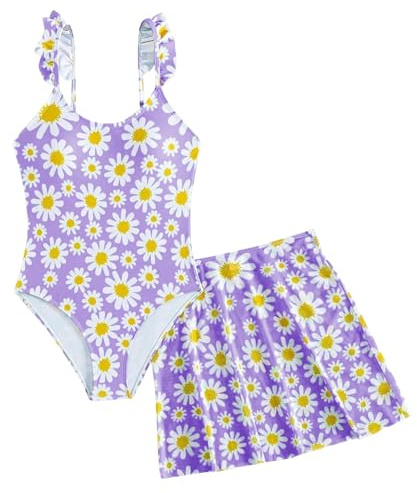 JiAmy Tween - Costume intero da bambina, con gonna in tulle con volant, margherita, floreale, estivo, UV, per bambine da 8 a 12 anni, Viola, 11 anni