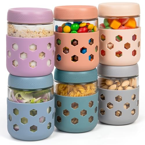 Gemice 6-Pack Glass Overnight Oats Jar with Silicone Sleeves, 500ml Overnight Oats Containers with Lids, Salad Breakfast Pots Mason Jars for Chia Pudding Granola Yoghurt Porridge Cereals