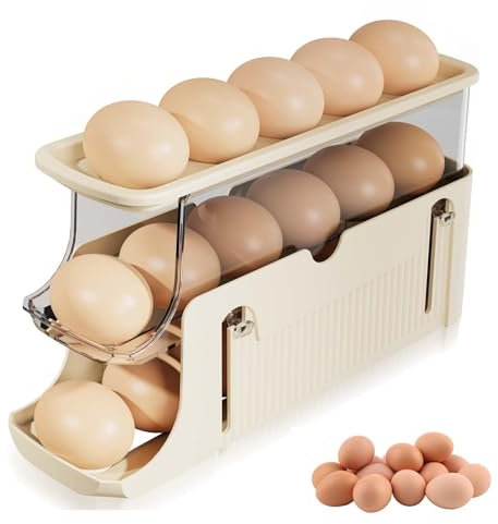 Soporte para Huevos de Nevera, Beige Hueveras para Frigorífico, Dispensador Automático de Huevos Rodantes De 3 Pisos, Organizador de Huevos Reutilizable, Material PET, Para Nevera