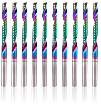 BFVV 10 Pcs O Flute Up Cut Router Bits, 1/8-inch Shank Single Flute CNC End Mill, Spiral Solid Carbide Milling Cutters with DLC Coating, Ideal for Aluminum, Plastic, Acrylic, Wood, MDF and PVC