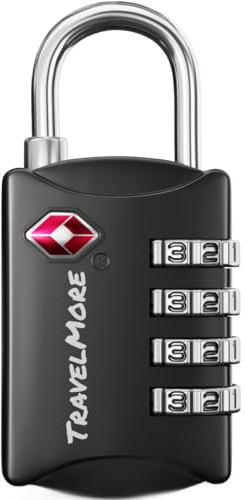 TravelMore TSA Approved Luggage Locks, Travel Padlocks for Suitcases | Durable, Sturdy, Easy Set Up & Use, Weatherproof, 4-Digit Security, for Suitcases, Backpacks, Bags, Zippers, 1-Pack, Black