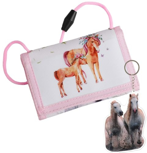 Brustbeutel Kinder Pferde Mädchen Geschenk, Kinderportmonee Mädchen Brustbeutel Dreifach Gefaltete Geldbörse mit Schlüsselanhänger, Portemonnaie Kinder Pferd
