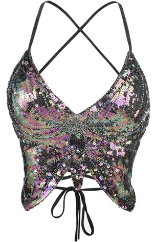 TCNGKIJIUK Haut Court Papillon à Paillettes pour Femme Haut de Crop Top Scintillant Soutien-Gorge de Danse Costume de Gilet sans Manche Costume de Danse du Ventre pour Spectacle Festival Soirée Fête