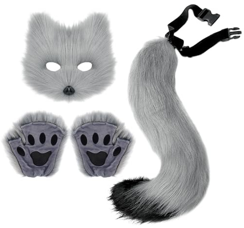 Costume d'Halloween avec gants en fourrure réalistes et queue pour cosplay, fêtes festives et événements à thème, gris, Taille unique