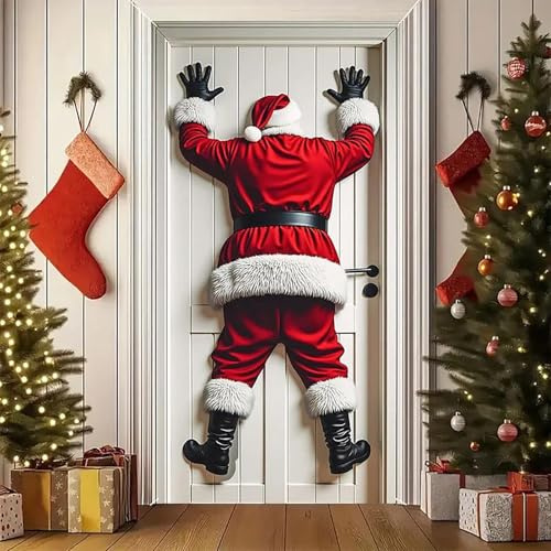 Christmas Door Cover,Snowman Santa Claus Front Door Covers Holiday Wall Decoration,Merry Xmas Backdrop Banner for Indoor Outdoor Home Office,Winter Seasonal Party New Year Entryway Decor (Santa)