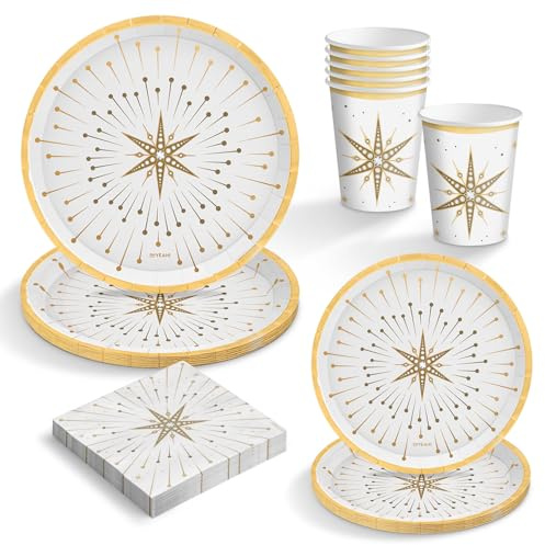 OH YEAH - Kit de vaisselle jetable pour 6 personnes Nouvel An - 48 pièces - Blanc et or - Assiettes, verres, serviettes - Décoration de table du Nouvel An - Design avec étoiles brillantes - Fête de