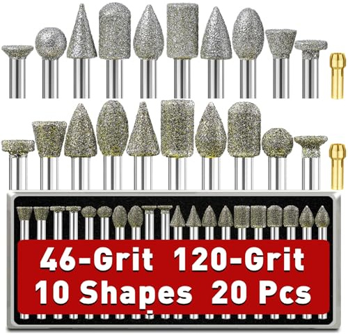 Diamantfräs-set för Dremel rotationsverktyg tillbehör, 46 120 korn diamant frässtift slipstift, 20 stycken sliptillbehör med 3 mm (1/8 tum) skaft för stenglas snidning, slipning, jade