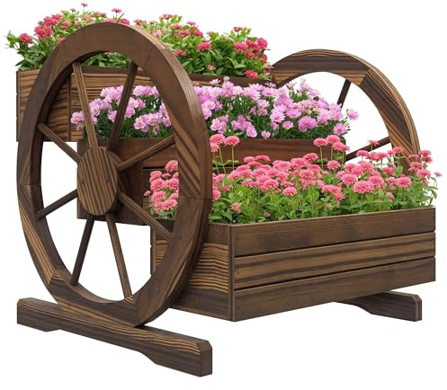 Outsunny Jardinière sur Pieds carré Potager 3 étages Style Rustique Chic avec 2 Roues Charrette Bois Sapin, Trous de Drainage, dim. 62L x 61l x 57H cm Marron