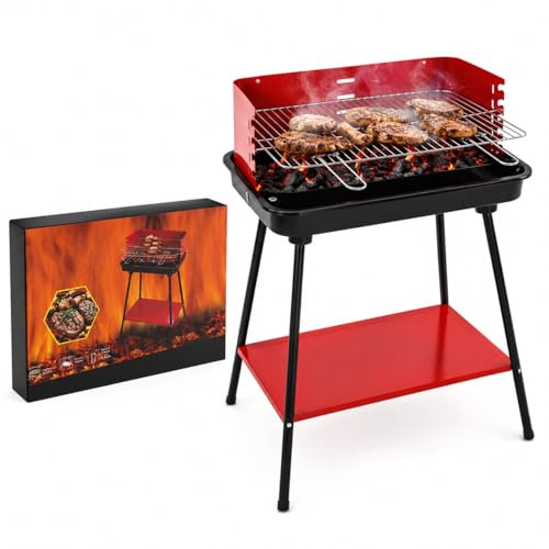Barbecue Carbonella Rettangolare STABILE - 4 Posizioni di Cottura - Griglia Cromata Rimovibile (53x34,5 cm) Struttura in Acciaio al Carbonio - Ripiano Inferiore Rosso e Nero - per Giardino e Terrazzo