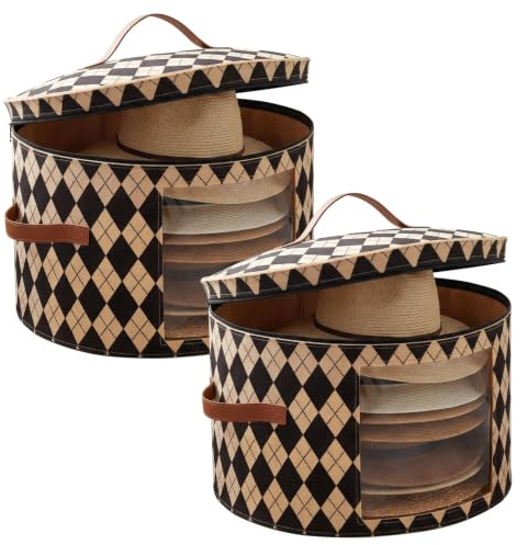 YUNYOUC Round Hat Boxes with Lids, 43x43x26 cm Soft Felt Hat Storage Box, Foldable Travel Hats Boxes Storage with Transparent Window and Handle for Storing Clothes, Toys (khaki 2PACK)