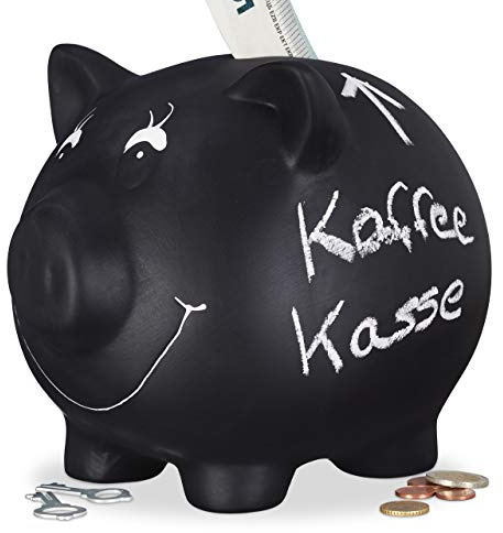 Relaxdays Sparschwein, zum Beschriften, Keramik, Kreide, Hochzeit, Geburtstag, Taufe, Spardose, 14 x 17 x 13 cm, schwarz