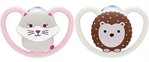 NUK Tétine Space | 0-6 mois | Sucettes avec aérations extra-larges | Silicone sans BPA | Chat et Hérisson | 2 unités