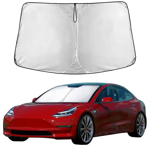 EcoNour Windshield Sun Shade Compatible for Tesla Model 3 & Model Y 2017–2026 | Custom Fit EV Front Window Sunshade | Foldable Heat & UV Reflective Sun Visor