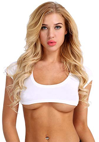 FEESHOW Femme Débardeurs T-Shirts Manches Courte Caracos Moulant Camisole Veste de Nuit Casual Veste Crop Top de Sport Danse Clubwear Taille Haut Blanc One Size