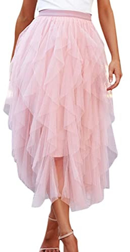 Minetom Femme Jupe en Chiffon Bohème Jupon De Princesse Mariage Petticoat Longue Jupe en Multi Couché Tulle Tutu Jupe C Rose L