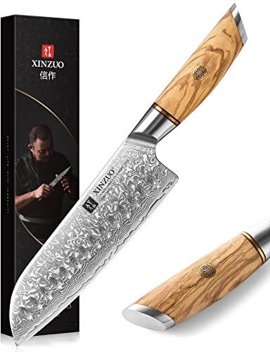 XINZUO 7 Inch Santoku Knife, Super Sharp 73 Layers Damascus Steel Kitchen Knife, Professional Chef Knife with Olive Wood Handle, Gift Box