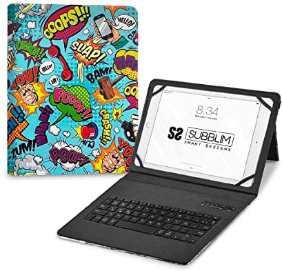 SUBBLIM 11 Tablet Cover med Bluetooth-tangentbord, Spanska tangentbord, Elastisk bandstängning, laddningsport, Ultra Slim, Keytab Pro Trendy Comic