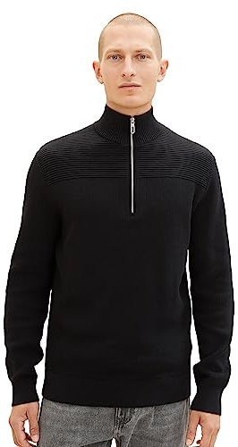 TOM TAILOR Herren 1038315 Strukturierter Strick-Pullover mit Troyer-Kragen, 29999-Black, L
