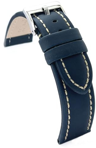 Diloy Bracelet cuir de veau huilé avec couture blanche – Style sportif – Pour montre robuste – Tailles 18mm 20mm 22mm 24mm 26mm – Noir, marron, bleu ou rouge 377 Bleu Marine 20mm