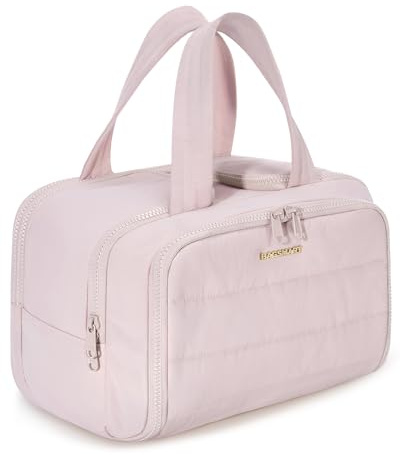 BAGSMART Travel Toiletry Bag, Crush Toiletry Bag for Women, Wide-open Puffy Toiletry Bags for Traveling, Large Travel Cosmetic Makeup Bag Organizer for Accessories,Toiletrie, Pink
