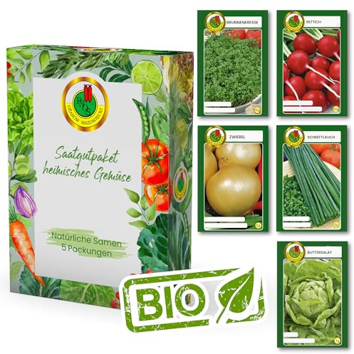 PNOS Set de semillas de hortalizas, 5 paquetes kit semillas, cebolla, berro, rábano, lechuga, cebollino, semillas ecologicas huerto para cocina, balcón y jardín, owngrown