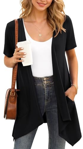 YGJIEGENG Cardigan da donna a maniche corte aperto sul davanti Cardigan estivi in maglia leggeri Capispalla Cardigan maglione giacche tinta unita con tasca (M-3XL), Nero , M