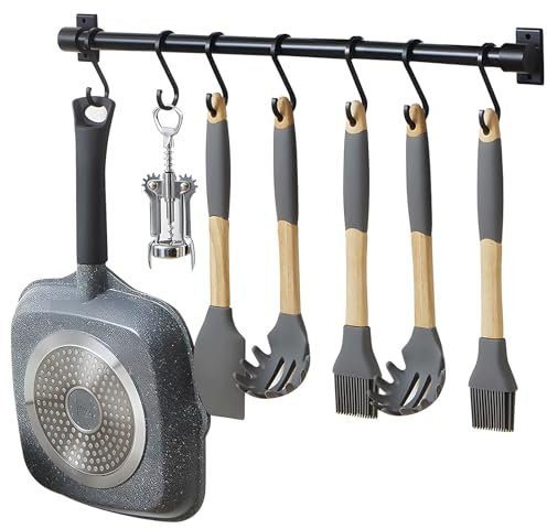 Black Aluminum Utensils Holder,Rack Wall Mounted,Kitchen Rail Pan Hanger with S Hooks for Hanging Kitchen Utensil,Bathroom Gadget Drilling or Self-Adhesive Installation Options (50cm)