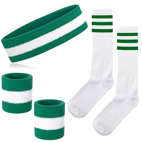 NANXJIUR 5 Pieces Sweatband Striped Sock Set Sports Headband Wristbands High Tube Socks 80s Accessories for Men Women 90s Costumes Theme Party Striped Sock Set (Green/White/Green)