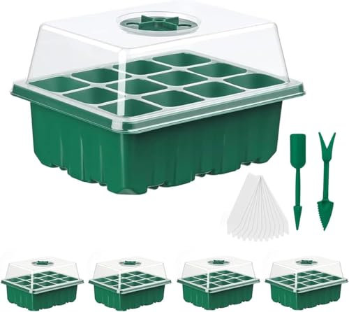 ASOPFYUM Zimmergewächshaus Anzuchtkasten – Mini Gewächshaus Anzuchtset 5 Stück (60 Zellen) mit Deckel & Belüftung | Treibhaus für Fensterbank, Anzuchtschalen Set für Pflanzenanzucht Indoor