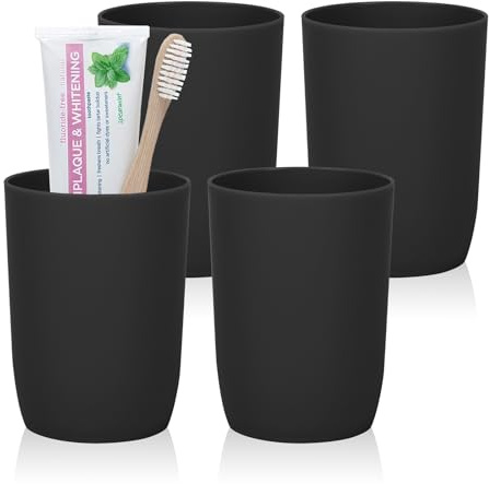 AstraLoom Toothbrush Holder with Cups, 4pcs Unbreakable Bathroom Tumblers 350ml, Dishwasher Safe Plastic Toothbrush & Makeup Brush Organizer, Reusable Drinking Glasses for Bathroom Counter(Black)