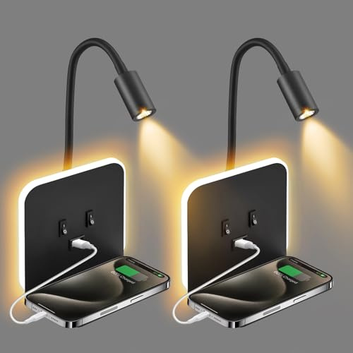 Lampada da parete a LED, 3 W + 9 W, montaggio a parete, comodino con vassoio e porta di ricarica USB e interruttore, girevole a 350°, lampada da lettura, lampada da parete per corridoio, soggiorno (02