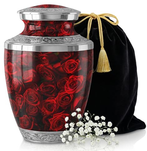 Red Rose Cremation Urn for Human Ashes Adult – Large Decorative Burial Urn for Men & Women – Floral Memorial Keepsake Funeral Urns for Human Ashes for Home Display or Cemetery Burial Aluminum