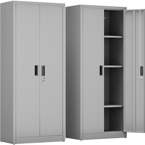 FlairVibe Metal Storage Cupboard with 2 Door and 3 Adjustable Shelves,170CM Lockable Storage Cabinet,Garage,Home,Office,Easy Assemble Required(Grey)