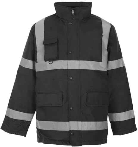 Hi Vis Traffic Jacket Waterproof Reflective Padded Parka Coat for Men Women Winter Safety Workwear PPE Security High Visibility Waterproof Windproof Protective Jacket Black M