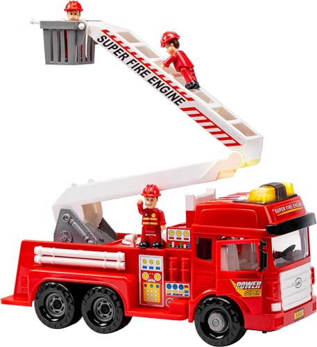 FUNERICA Large Fire Truck Toy with Lights and Sounds - Doors That Open - Big Folding Ladder - with Toy Firemen Figures - Red Firetruck Engine for Toddlers and Kids