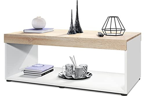 Vladon Couchtisch Pure, Made in Germany, Wohnzimmertisch in Kastenform, Weiß matt/Eiche Sägegrau (104 x 40,5 x 58 cm)