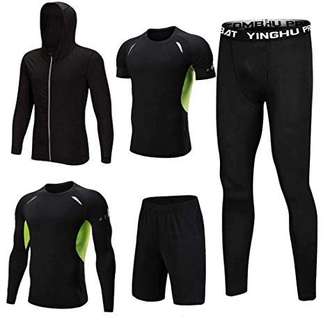 Flyself Män 5 st kompression sport gym fitness kläder set, snabbtorkande sport T-shirt, gym leggings för löpning cykling, baslager tights med lösa passande shorts