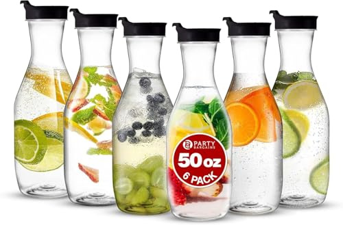PARTY BARGAINS 50 oz Plastic Carafe with Black Flip-Tab Lid, Clear – 6 Pack Heavy-Duty Spill-Resistant Pitchers for Iced Tea, Juice, Cold Beverages, Powdered Drinks, Mimosa Bar