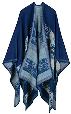 ORANDESIGNE Ponchos Capes Femme Élégant Poncho avec Franges Cape Tricoté au Crochet Poncho Châle Écharpe Cape Épaissie Chaud Hiver Foulard Cachemire Douce Châle Taille Unique G Marine