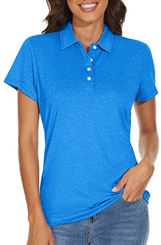 KEFITEVD Funktionsshirt Damen Kurzarm Leicht Sommershirt Jersey Poloshirt Golfbekleidung Tailliert Outdoor Shirt Polo Wandershirt Meliert Meerblau L