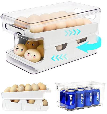 Eierbehälter für Kühlschrank, Doppelspuriger automatischer Roll-Eierhalter für Kühlschrank, Aufbewahrungsbox mit Deckel für Lebensmittel, Getränke usw. (Perlweiß)