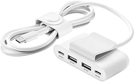 Belkin 4-Port USB Power Extender with built in 2m Cable, 2 USB-C & 2 USB-A Ports, USB Adapter with 30W Output, Fast Charging for iPhone 14 & Samsung Galaxy S23, Eco-Friendly Design & Detachable Clip