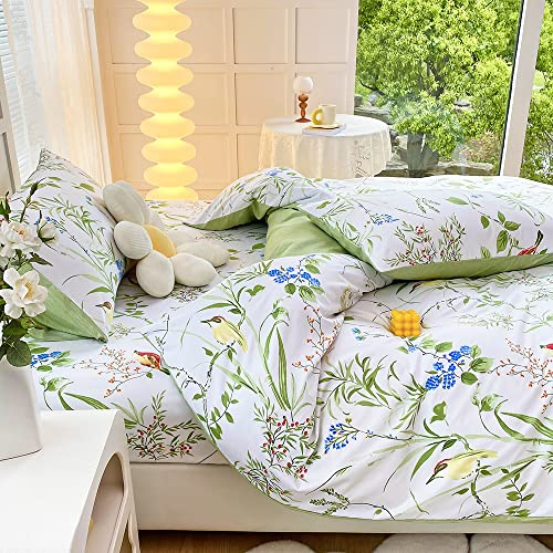 Luofanfei Bettwäsche Set 155x220 Weiß Grün Blätter Pflanzen Blumen Pflanzen Bettwäscheset Vögel Botanisch Microfaser Bettbezug Einzelbett und Kopfkissenbezüge 80x80cm mit Reissverschluss