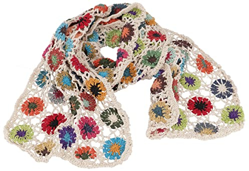 GURU SHOP Häkelschal mit Bunten Blümchen, Boho Schal - Weiß, Herren/Damen, Baumwolle