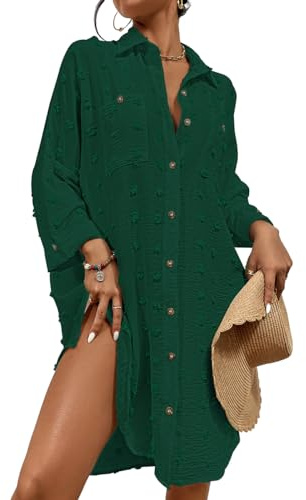 Bsubseach Strandklänning för dam med knappar och volangärmar, strandskjorta, blus, sommar, chic, eleganta badkläder, One Size