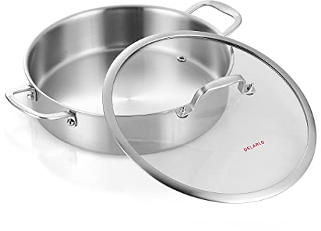 DELARLO 5.5QT Tri-Ply Stainless Steel Saute Pan With Lid, 12.3inch Braiser Pans, Large Frying pan,18/10 Induction Skillet with Glass Lids, Efficent Fast pan for Boiling, Braising, Stewing, Sautéing