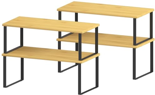 CADUKE Estantería para especias, juego de 4 organizadores de cocina, estante de armario extensible y apilable, organizador de especias naturales para mostrador, armario, bambú y metal