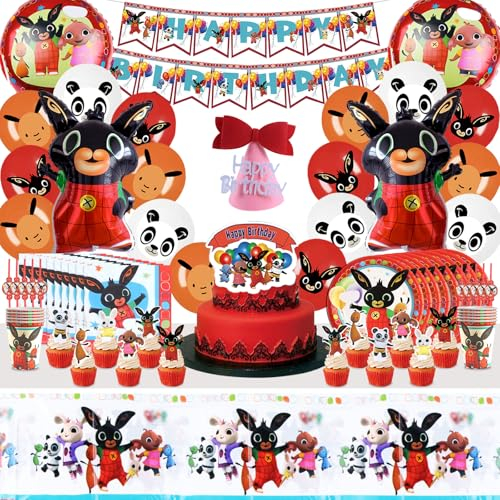 100 Pcs Bing Decorazioni Compleanno,Palloncini Bing,Bing Decorazione per Feste,Set Bing Compleanno, Compleanno Stoviglie da Tavola Piatti Tazze Tovaglioli Tovaglia,Servi 10 Ospiti